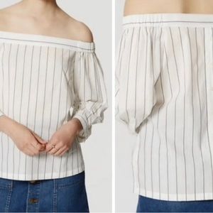 Ann Taylor LOFT blue OFF SHOULDER blouse BUTTON BACK Cotton Navy Pin Stripe XL